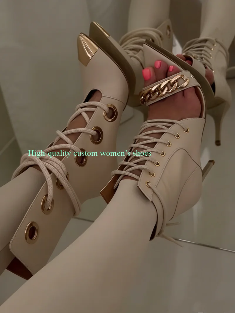 Pointed Gold And White Color Blocking Women's Summer Sandals Instep Metal Buckle Cross Straps Ankle Boots Luxury High Heels