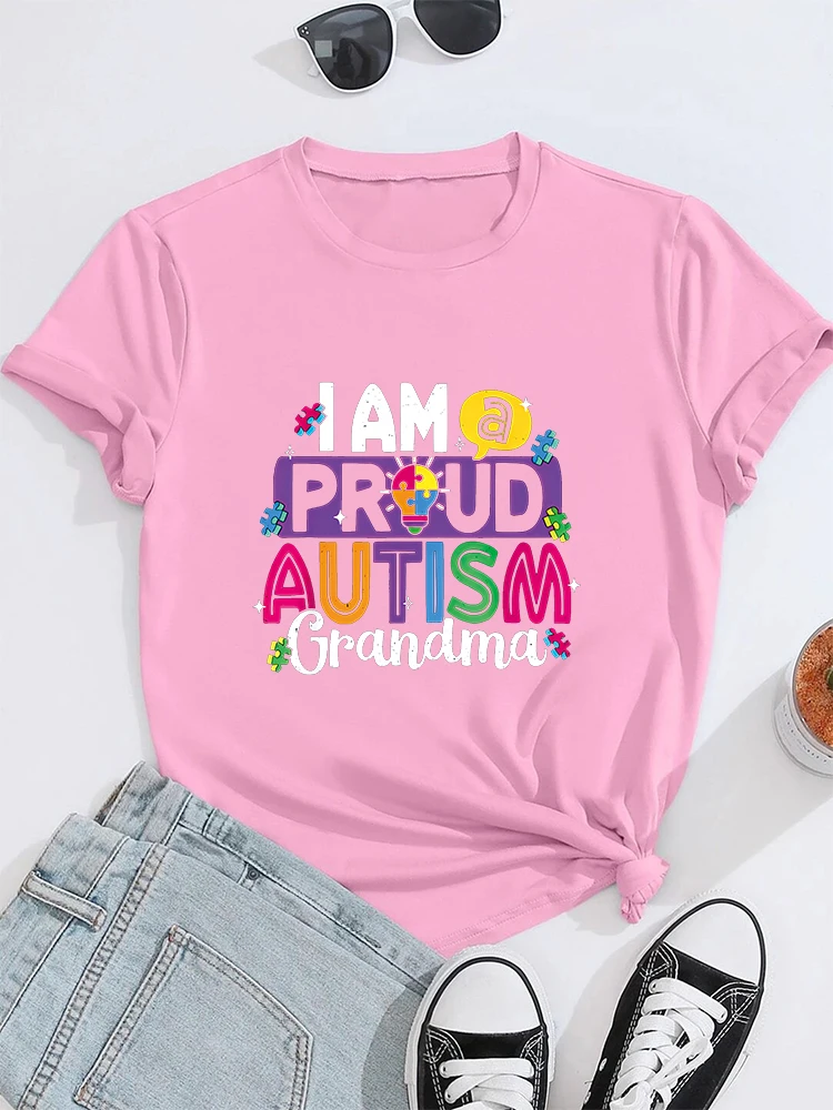 I m A Proud Autism Grandma Butterflies Autism Awareness T-shirt Tee Tops Printed O-neck Casual T-shirt Women\'s Clothing