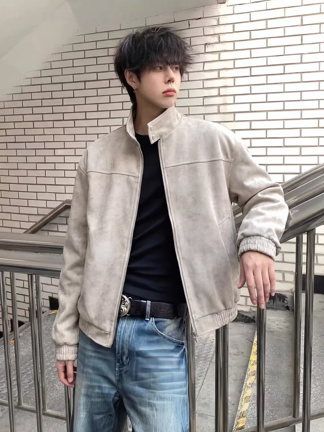 

American Sle Dyed Leather Jaet Men's Spring Faionable High Street Stand Collar Motorcycle Clothes Baseball orm