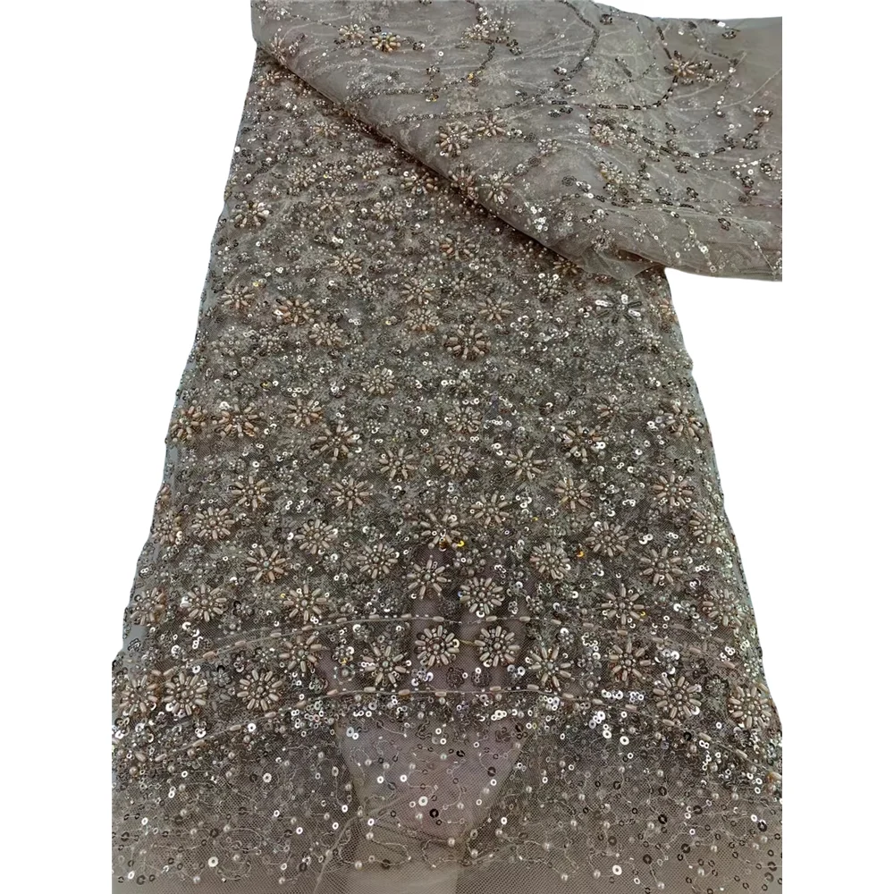 

African Mesh Sequins Lace Fabric ZH-1407859 French Tulle beads Lace Nigerian Mesh Fabric For Women Dress