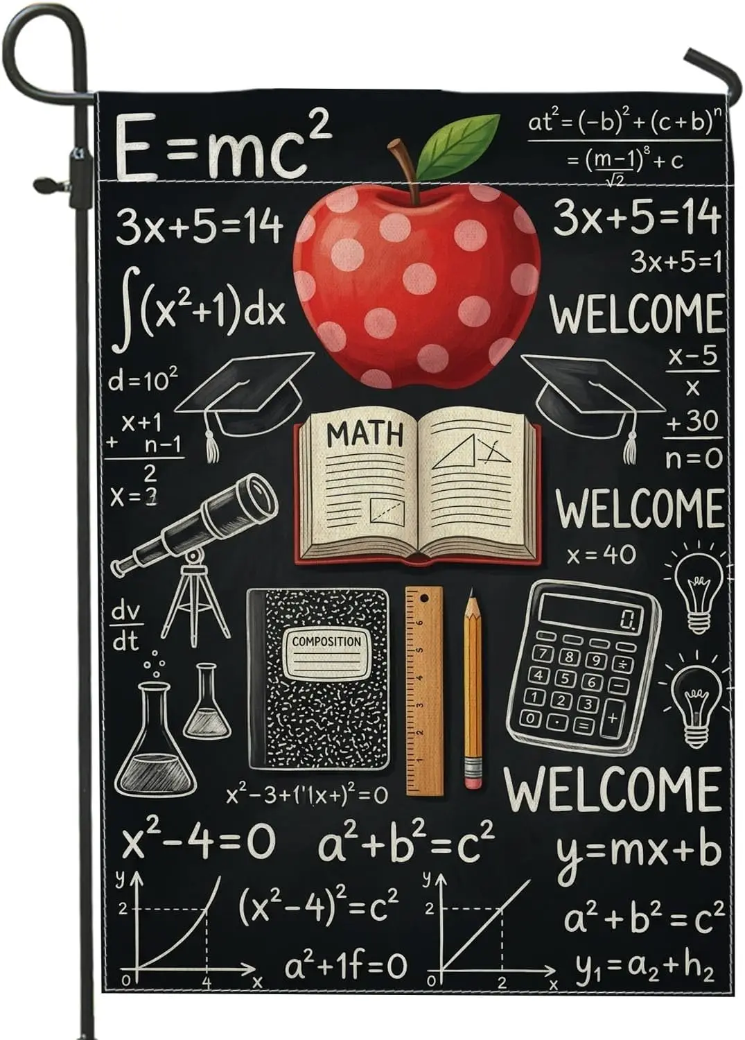 Fruits Garden Flag, Educational Seasonal Math Calculator Back to School Red Burlap Double Sided Decorative Outside Flags for aaz
