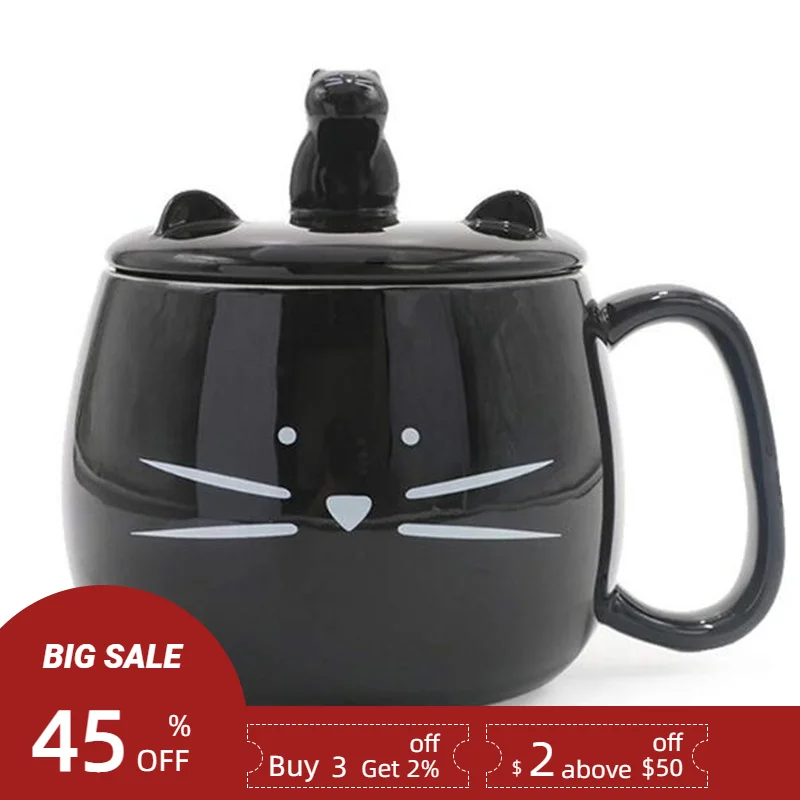 420ml Cut Cat Shaped Mug with Lid Large Capacity 14oz Ceramic Milk Coffee Cup with Mobile Phone Holder Kawaii Black White