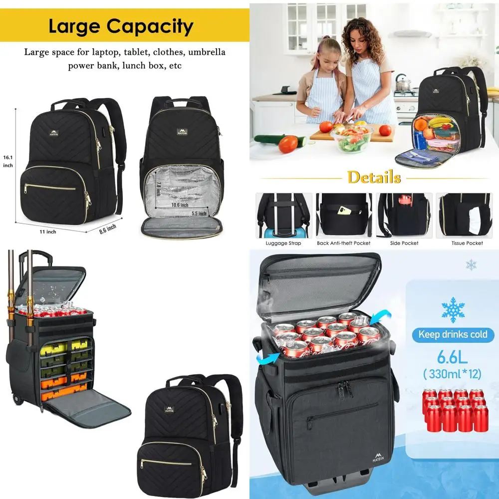 

Large Rolling Tackle Box with Cooler, Fishing Bag on Wheels, Lunch and Laptop Backpack with Insulated Cooler Compartment
