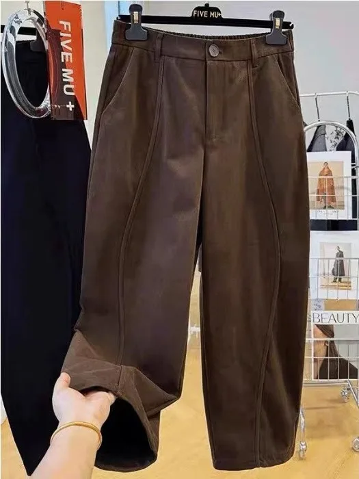 

Женские повседневные брюки больших размеров, широкие укороченные брюки с высокой талией, осень-зима, свободный крой, утягивающий нож грушевого типа