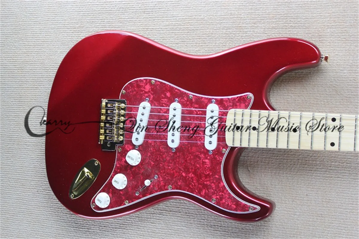 Stra guitar, metallic red electric guitar, gold fixed bridge, red pearl pickup pickguard, maple headstock