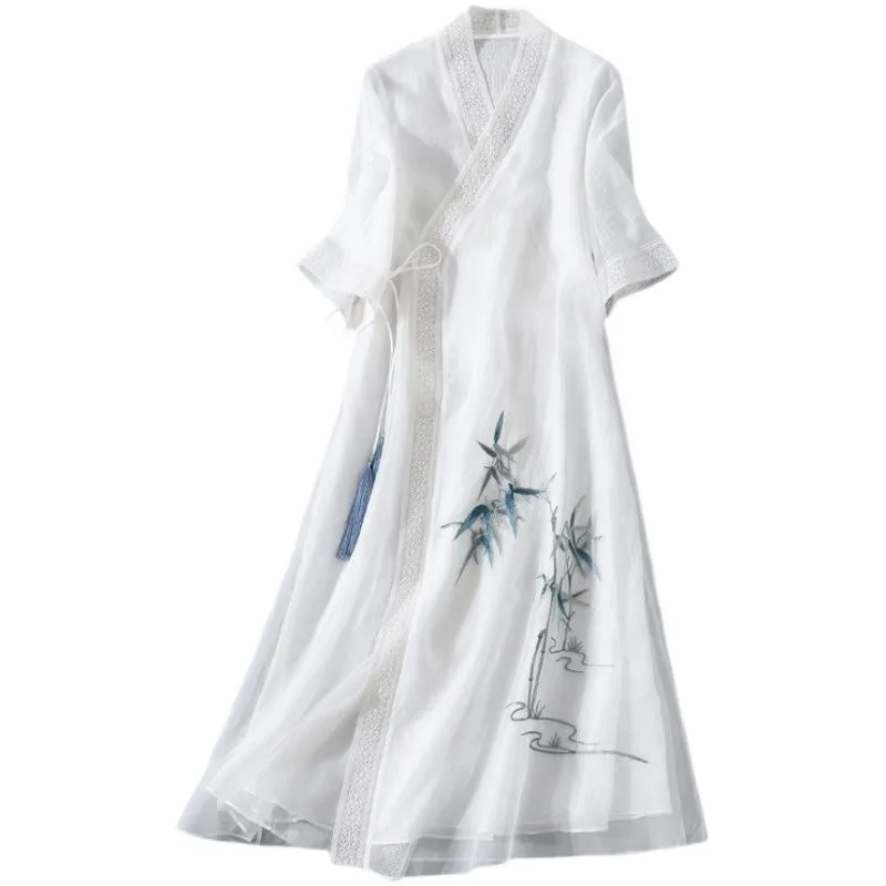

Chinese style tea clothes women's waist hand-painted collar ethnic Hanfu improved antique dress