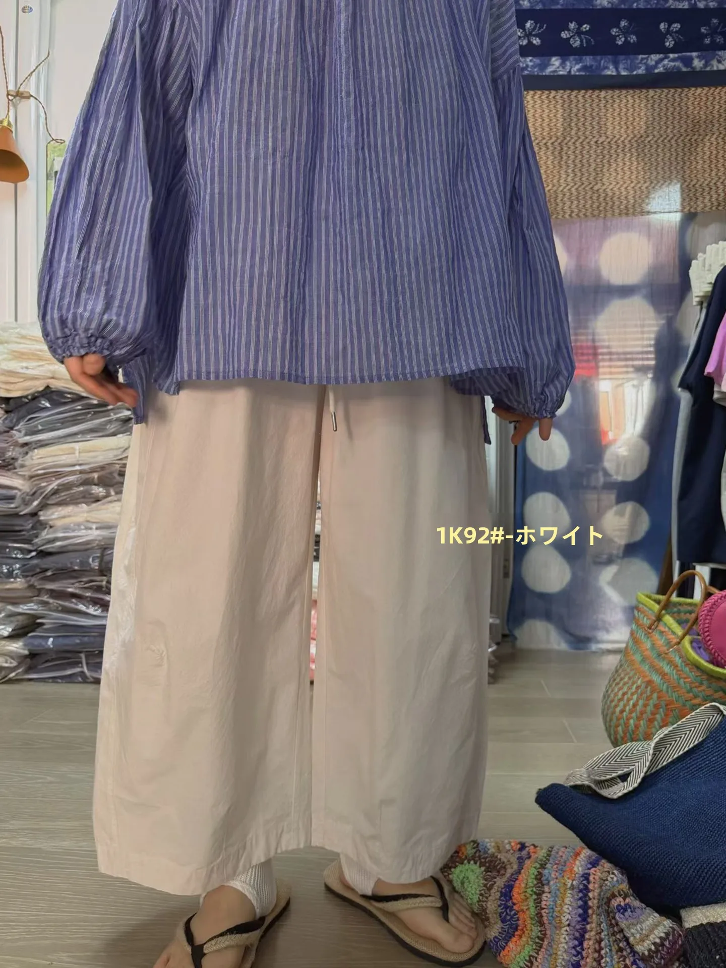 

High Waist Straight Leg Cotton Pants with Drawstring for plus Size Women Spring Summer Vintage Blue White Grey Trousers