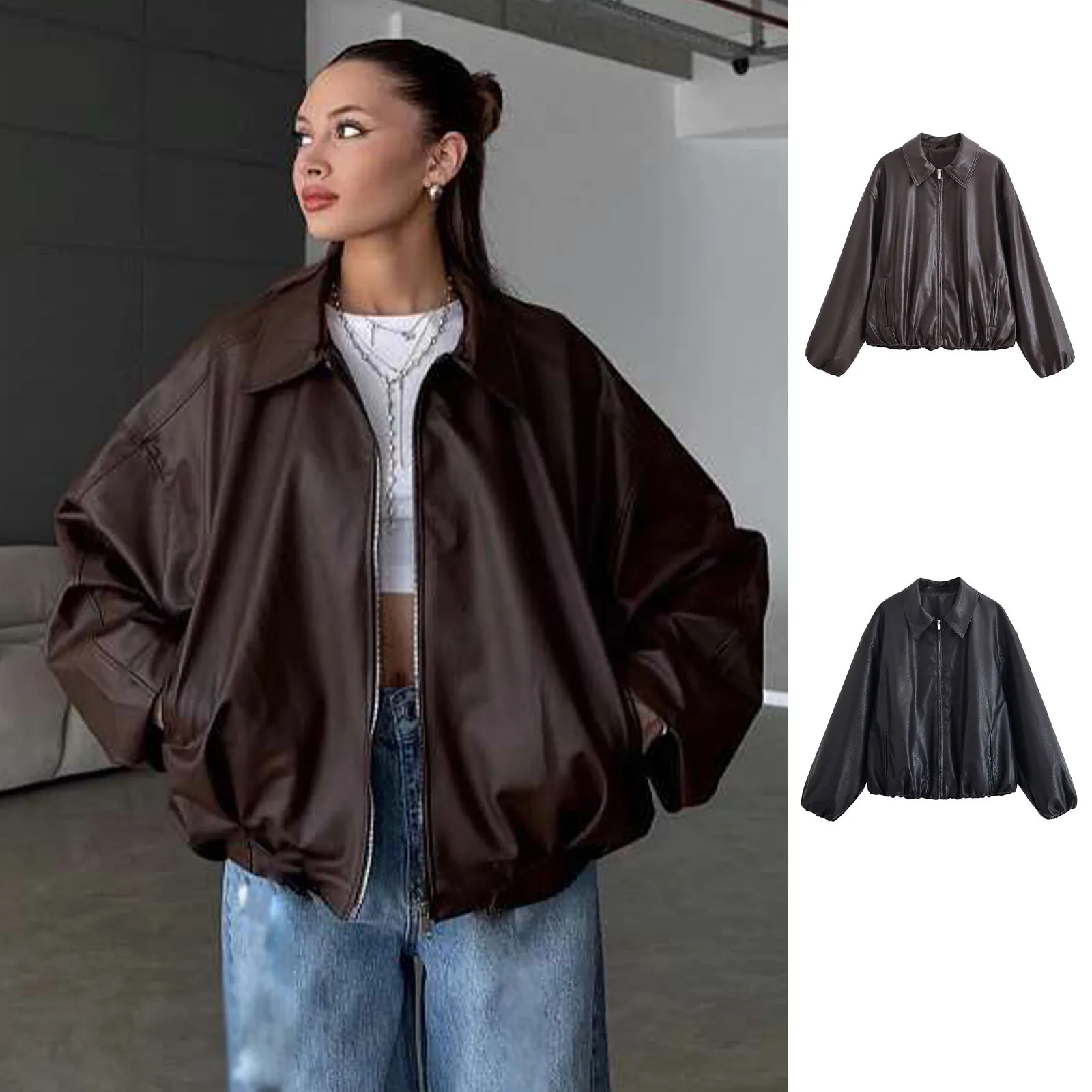 

2025 Autumn Women Fashion Black Leather Jacket Female Vintage With Zipper Elastic Cuffs Crop Jacket Windproof Outwear