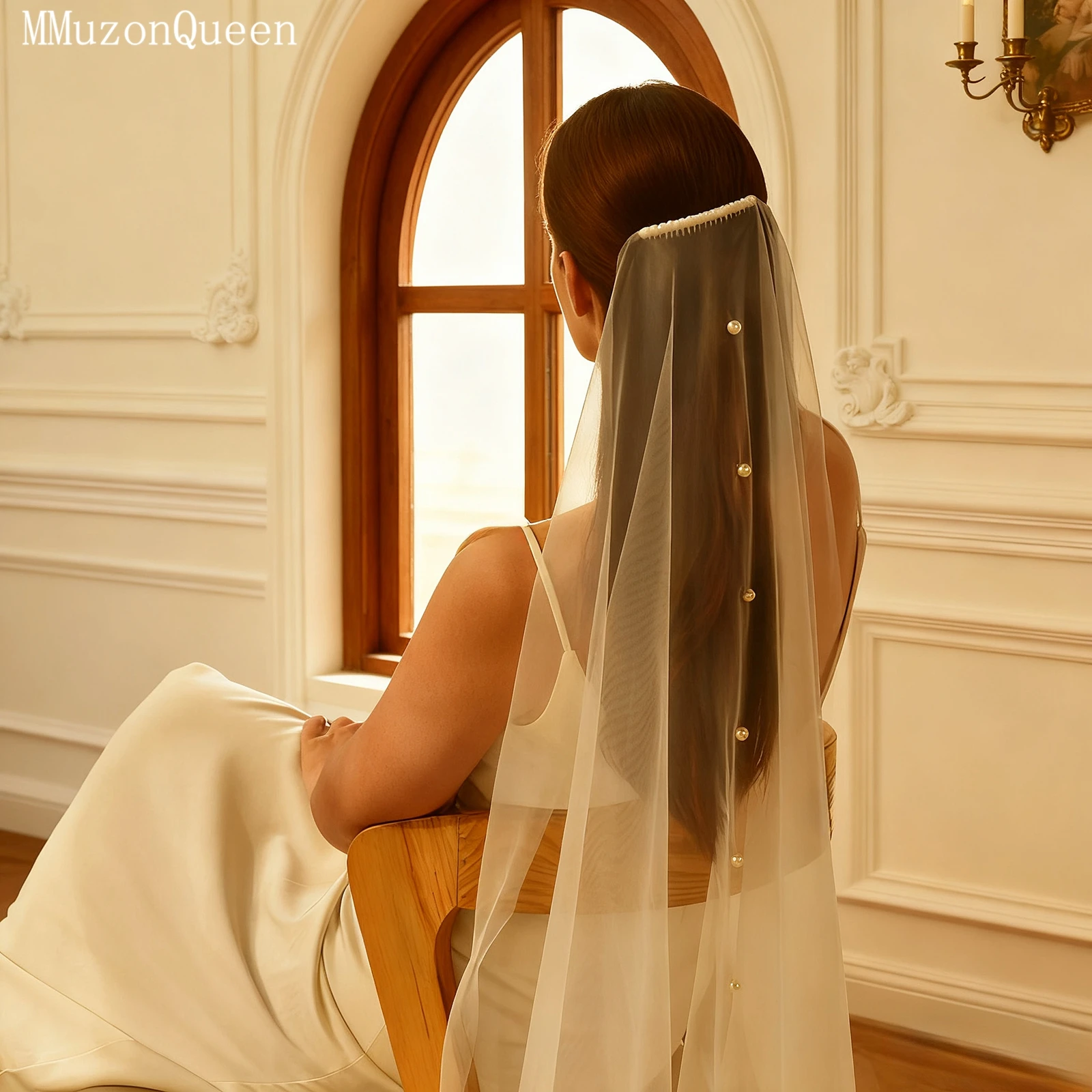 TOPQUEEN أنيقة اللؤلؤ الحجاب الزفاف Velo De Novias طبقة واحدة غزل ناعم جولة الرقص الحجاب طرحة الزفاف الدعائم الزفاف V64 #4