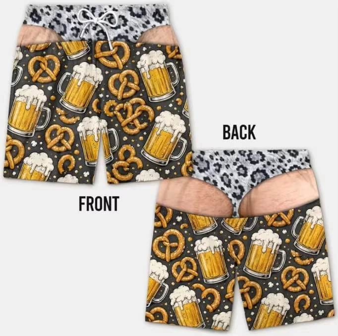 2026 Funny 3D Hairy Butt Print Men’s Beach Shorts Elastic Drawstring Novelty Swim Trunks Quick Dry Pool Party Vacation