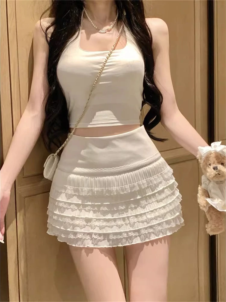 Sweet And Spicy Short Skirt with Lace Pleats A-Line Design for Women High Waist Cake Skirt Anti-Light Inner Wear Versatile Style