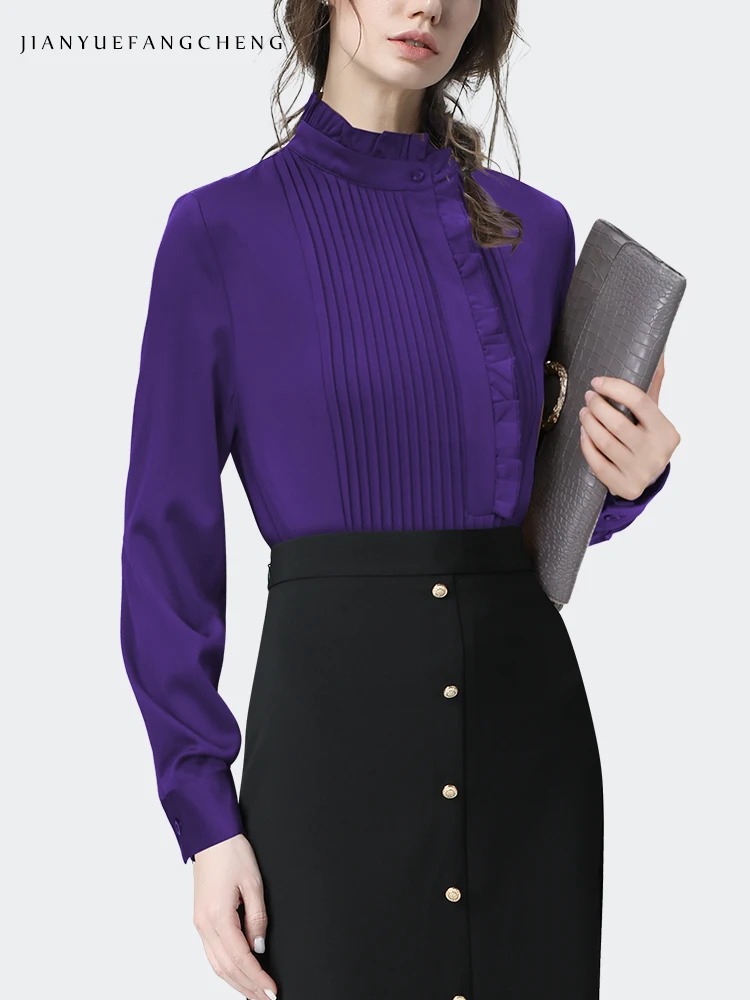 2024 Spring New Women\' Purple Ruffles Pleated Blouse Elegant Slim Long Sleeve Asymmetrcial Shirt Fashion Office Ladies Tops