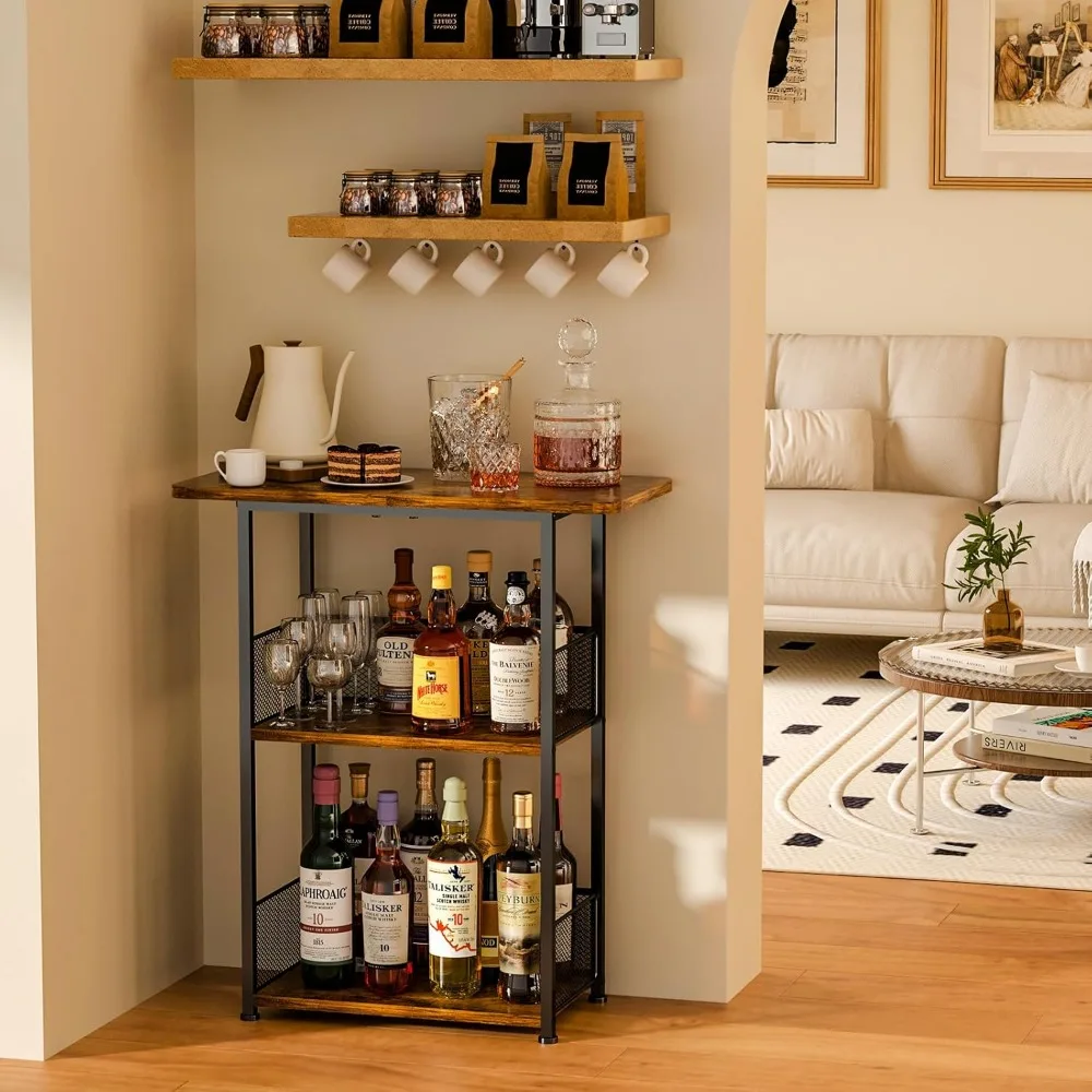 3-Tier Freestanding Whiskey Rack with T-Shaped Countertop, Space-Saving Corner Display for Wine Bottles and Bar Accessories