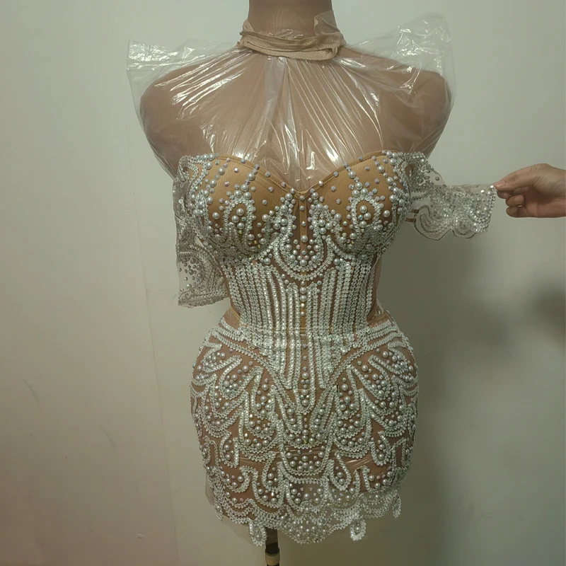 White Pearls  Dress See through Women Singer Festival Dresses Evening Dress Performance Outfit Stage Catwalk Wear