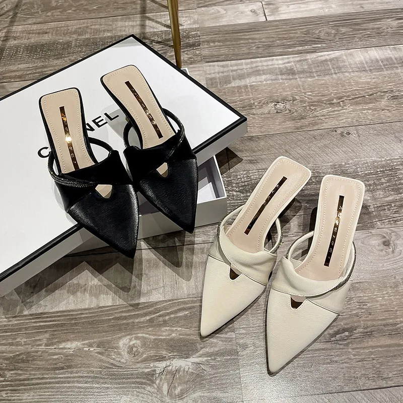 Beige PU High-heel Slippers for Women Luxury Rhinestone Narrow Band Kitten Heel Designer Shoes Elegant Commuting Office Shoes