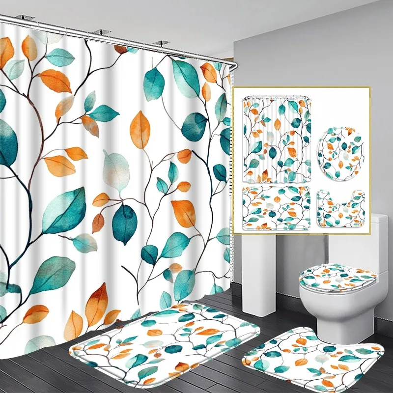 

4pc Watercolor leaf pattern bathroom set includes a non-slip mat, toilet seat cover, shower curtain, and U-shaped mat.