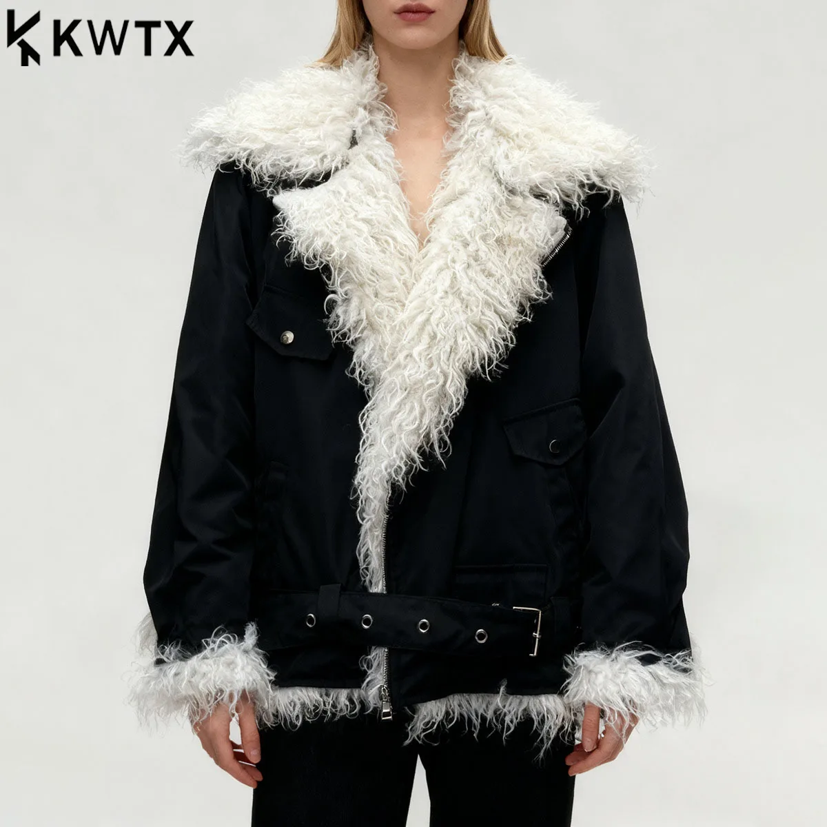 

KWTX 2025 хитовые цветные куртки из искусственного меха для женщин, лоскутное пальто с лацканами и длинными рукавами, женская зимняя модная одежда