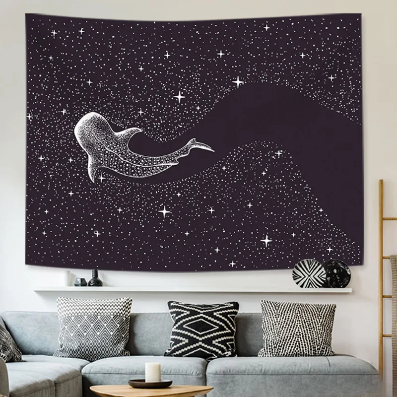 Tapiz colgante de pared de tiburón y estrella para decoración de dormitorio y dormitorio, paquete de instalación gratuita, perfecto para decoración de baño