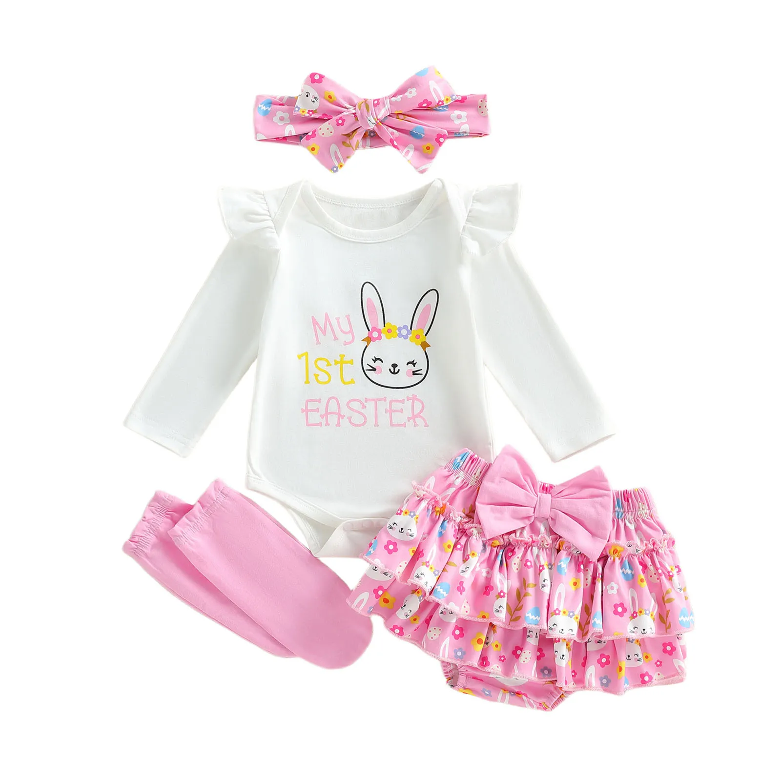 

Пасхальные шорты для маленьких девочек, комбинезон с длинными рукавами и буквенным принтом кролика, полипропиленовые шорты, повязка на голову, комплекты гетр