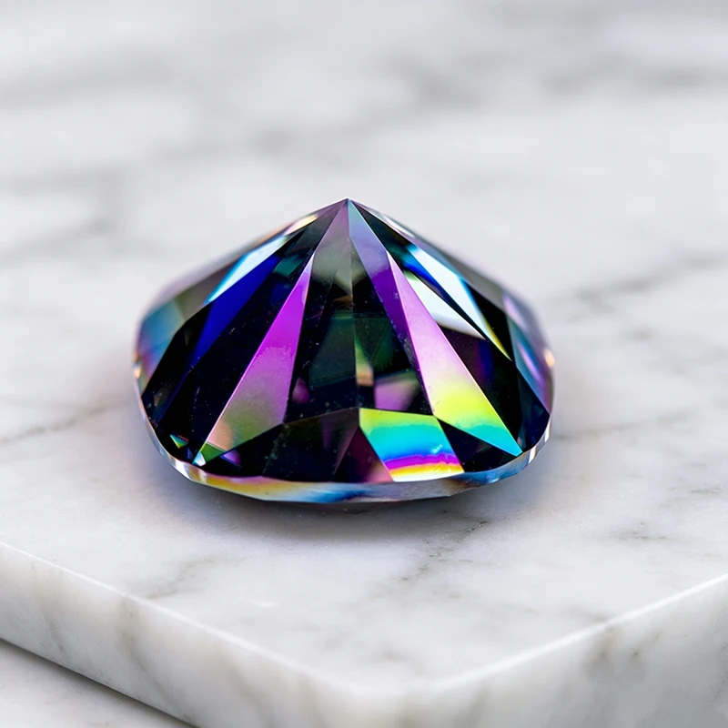 Moissanit-Stein im Kissen-Schliff, regenbogengrüner Edelstein für DIY-Schmuckherstellung, besteht den Diamanttest mit Zertifikat. – Detail 2