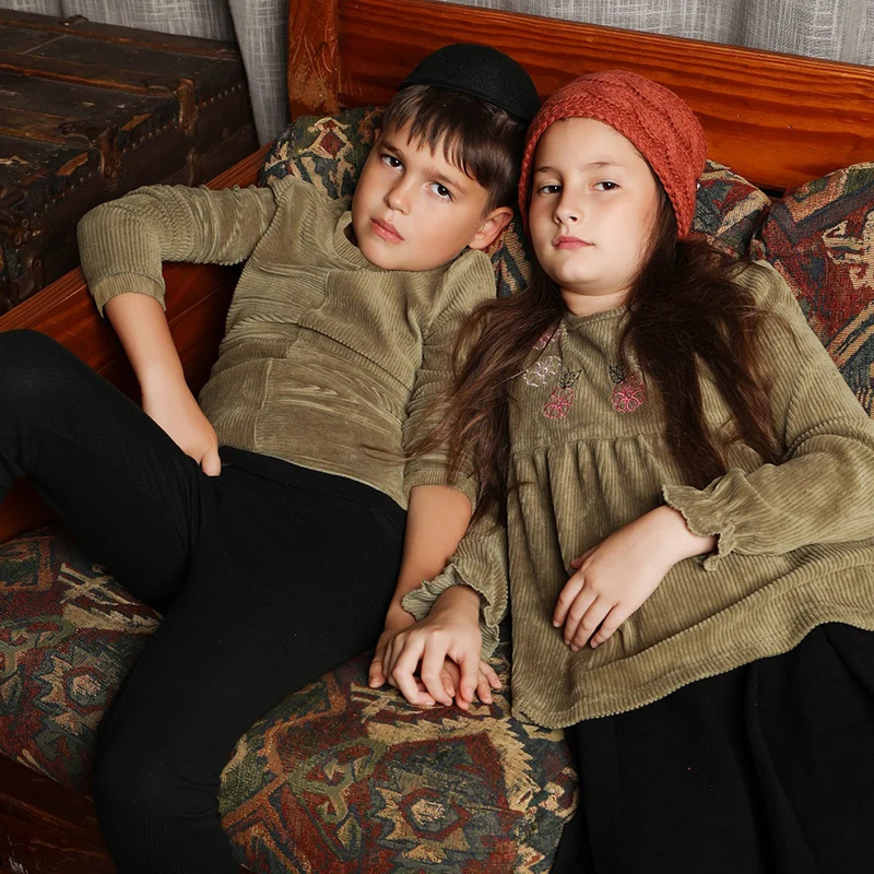 AA Children Corduroy Shabbos Tet Flowers embroidery Girl Dress baby Romper Boy's Shirt Pants Autumn Fall Family Clothing