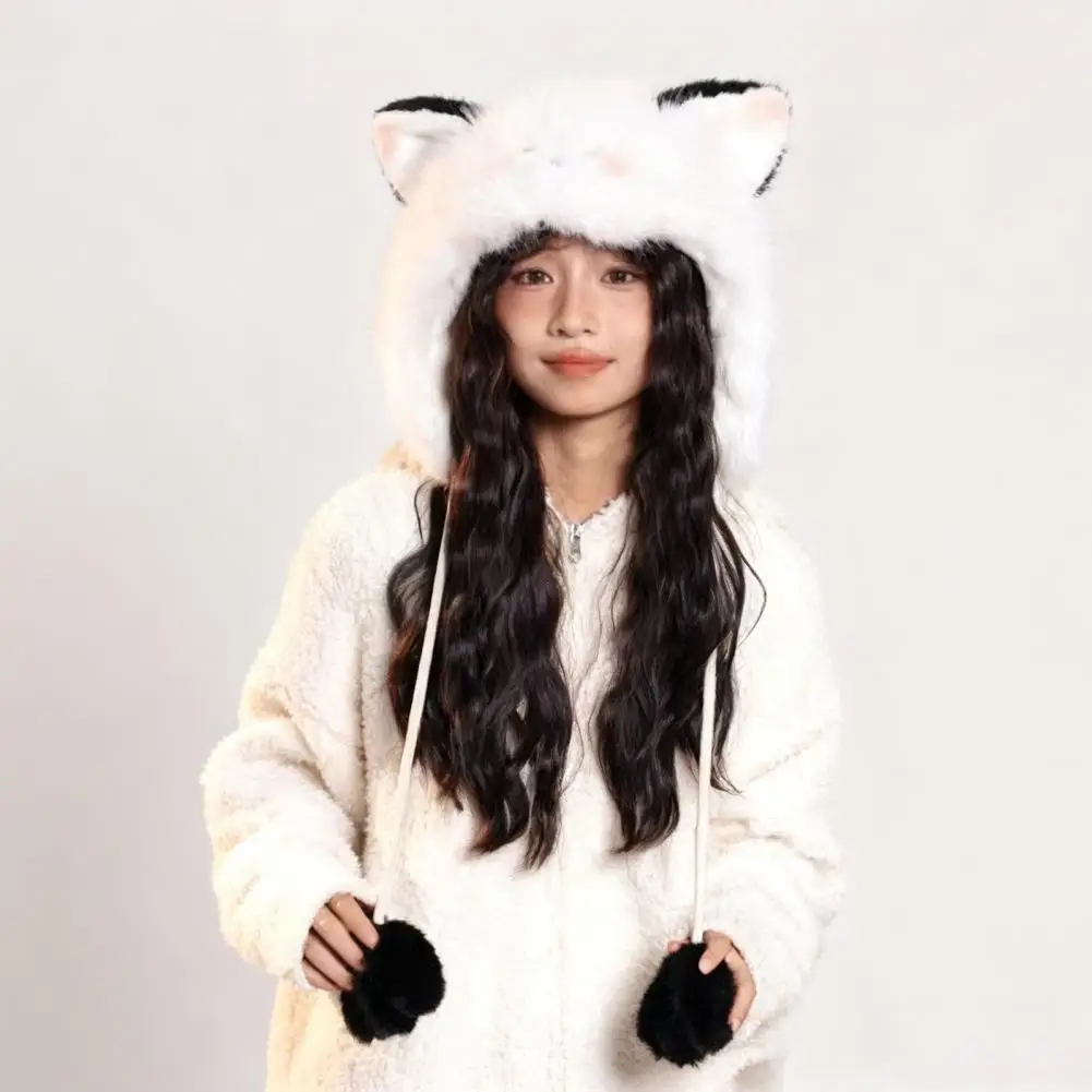 Thicken Fox Ear Hat with String Plush Winter Warm Cute Ear Cap Women's Cold-Proof Outdoor Hats Cute Protection Head Fluffy Caps