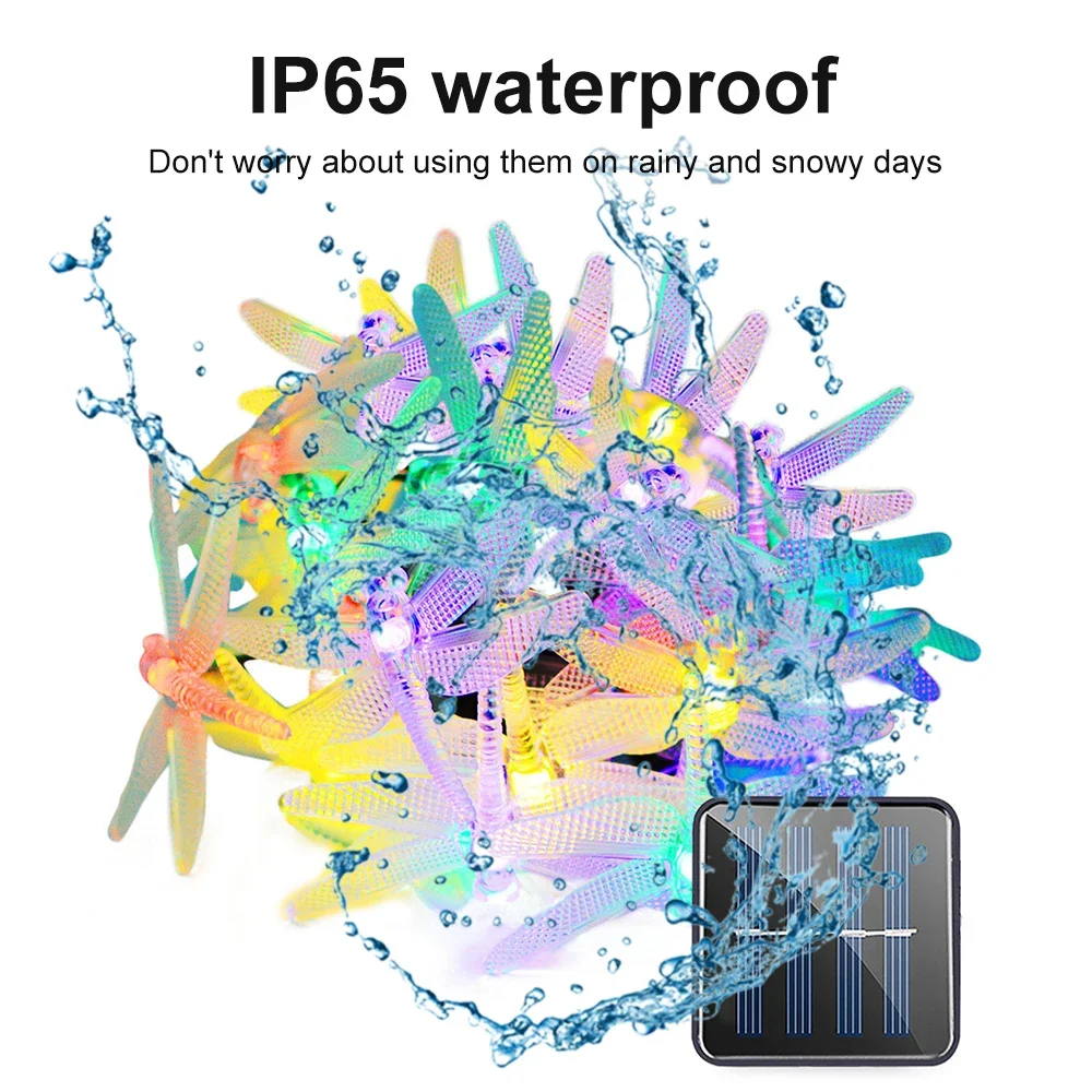 Solar Dragonfly String Lights Outdoor Fairy Lights with 8 Lighting Modes Waterproof Garland Festoon Garden Landscape  Decor Lamp