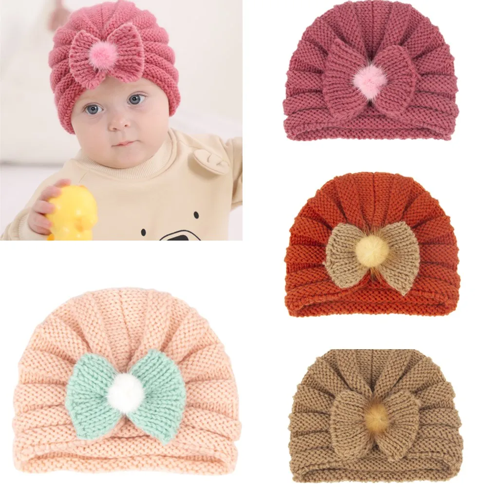 New Bow Baby Hat Autumn Winter Knit Baby Beanie Big Elastic Kids Turban Hat Infant Bonnet Newborn Cap for Girls Boys Accessories