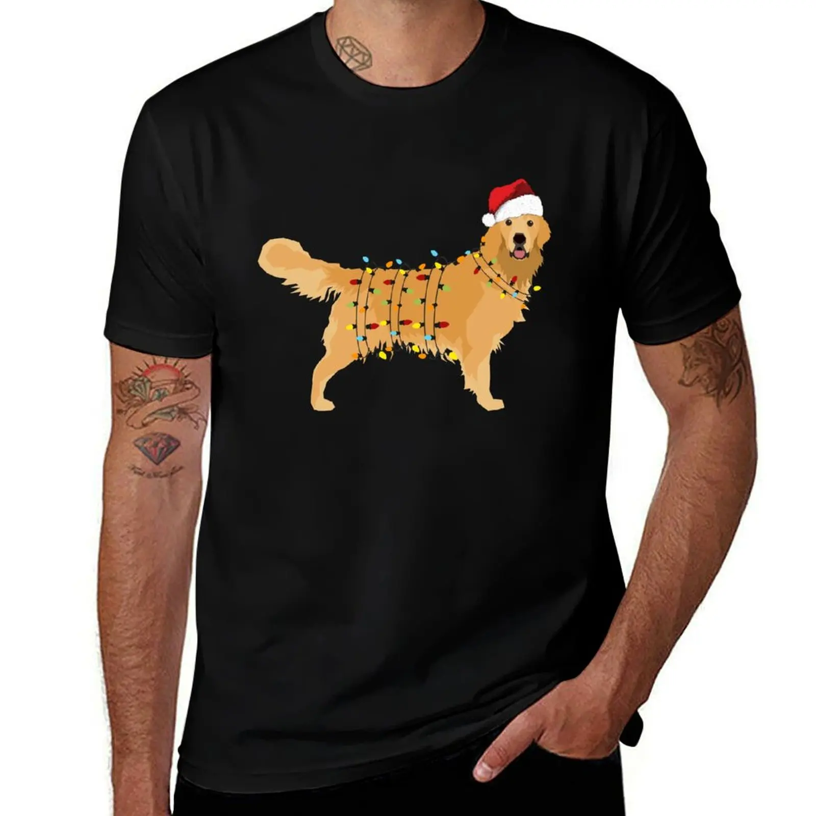 

Golden Retriever Holiday Christmas Light T-Shirt Retro Graphic Print T-Shirt