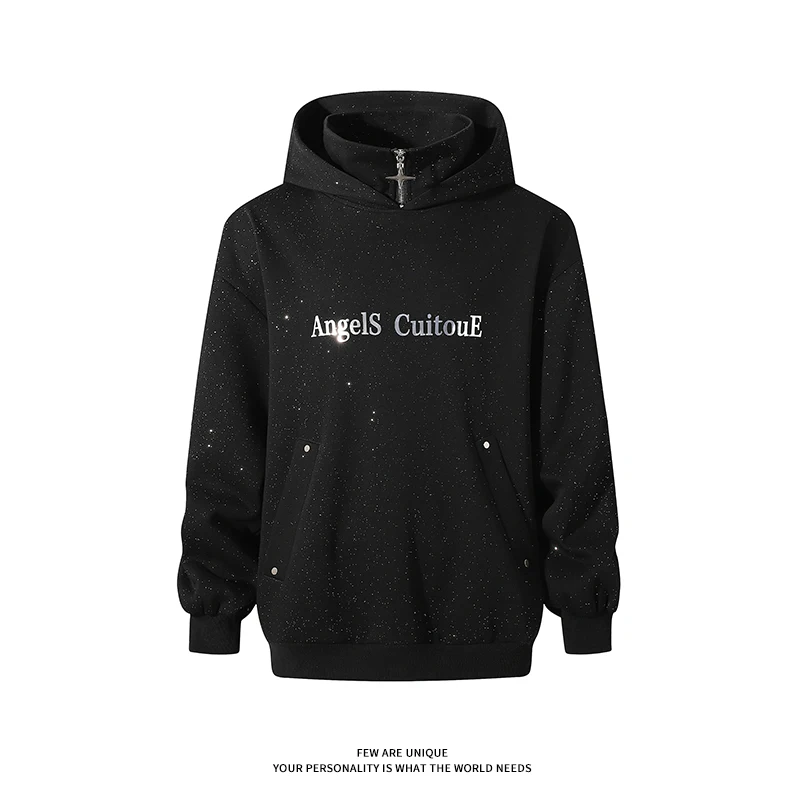 Sequin Design Hooded Sweatshirt Men's 2024 Spring Half Zip High Neck Sweatshirt Metal Button Pocket Man Hoodie