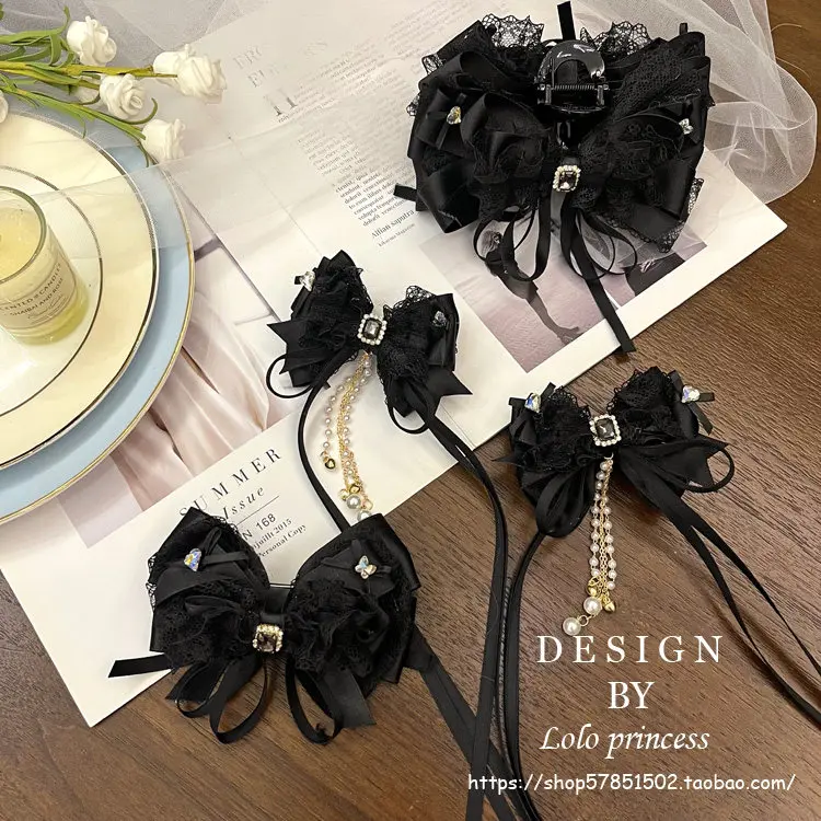 Heavy Industry Handmade Lolita Hair Accessories Black Bow Hairpin Temperament Hair Accessories Long Floating Pin Women