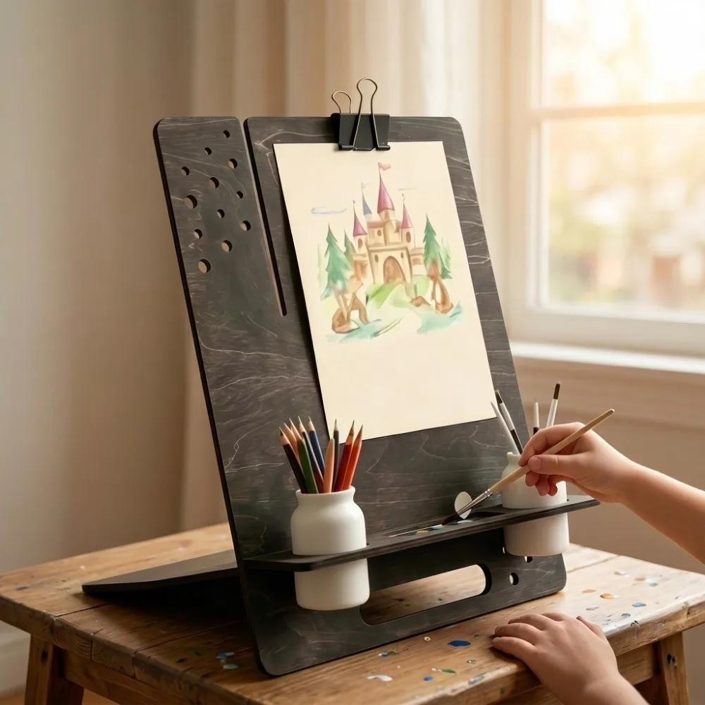 Multifunctional Wooden Table Easel Ornament Decorative Rack with Tool Storage Art Sketch Stand with Pen Holder Sturdy Steadying