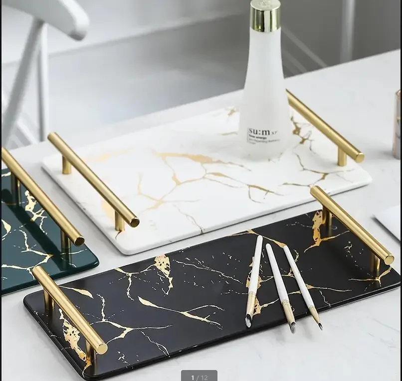 

Golden Marble Texture Trays Decorative Glazed Ceramics Plates Skincare Jewellery Storage Plate Dressing Table Bathroom Tray