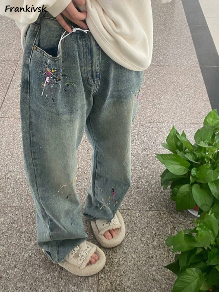 

Embroidery Jeans Women Straight Trouser Chic All-match College Fashion Daily Simple Distressed Denim Clothing Korean Style Cozy