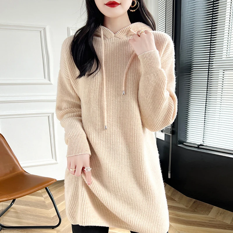 Autumn/winter long hoodie 100% wool cashmere sweater women loose Korean knitted pullover hoodie solid color wear tide big top