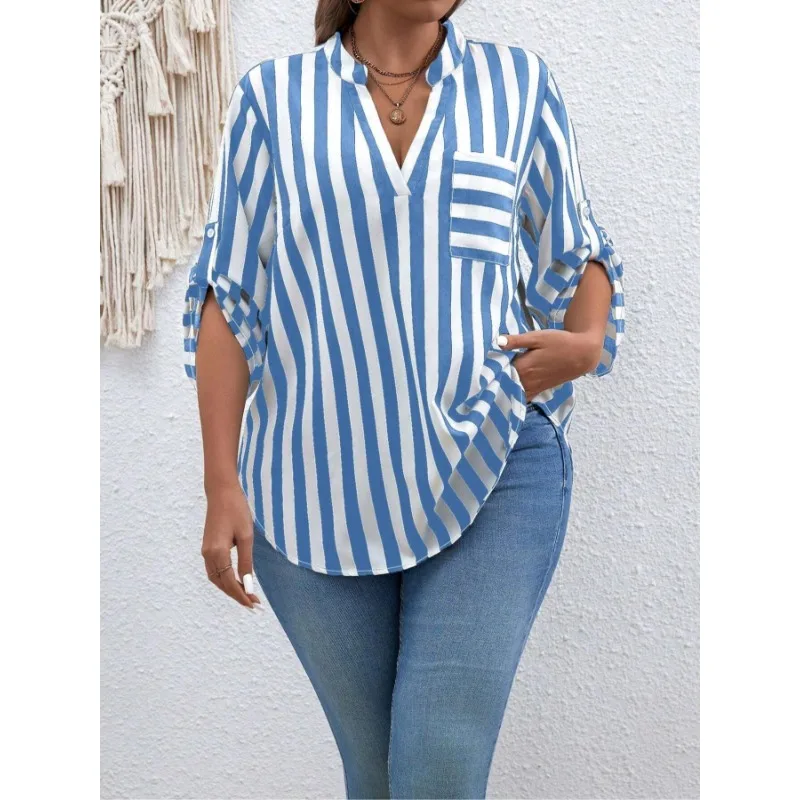 

Plus Size 1XL-5XL Women's Fashion Striped Printed Short Sleeve Shirt Casual Versatile Lapel Shirt Loose And Elegant Button Shirt