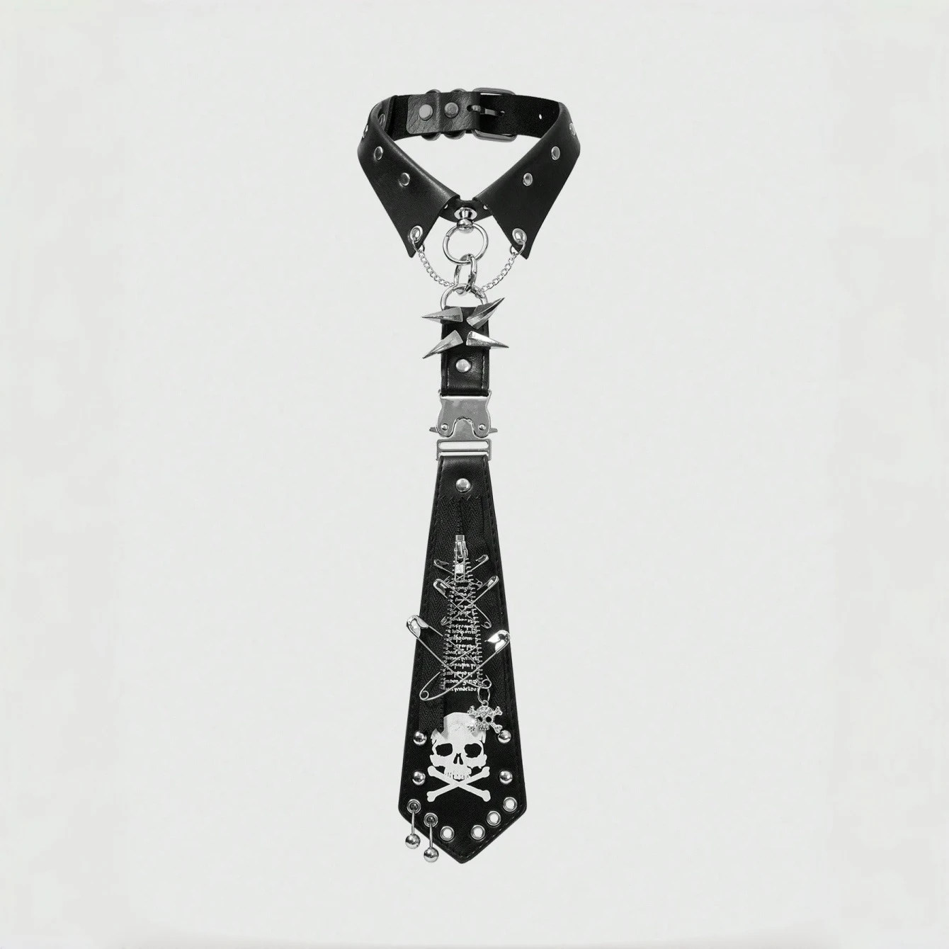 Y2K Punk Tie for Men Women, Studded Zipper Skull & Letter Print, Gothic Dark Color Unique Personalized Fashion Accessory