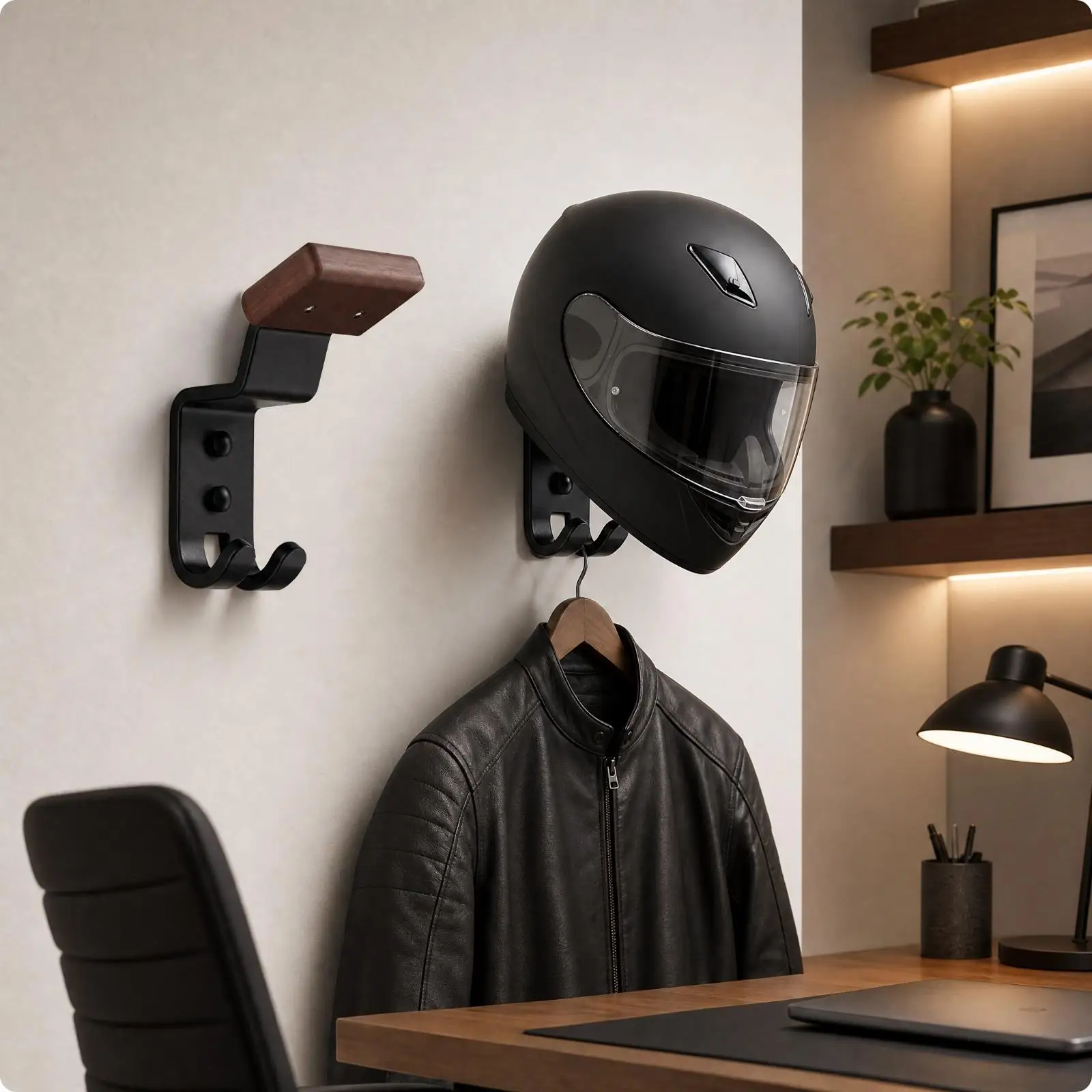 Slim Wall Helmet Rack with Wooden Top Shelf for Entryway Industrial Steel Hanger for Hats Bags and Light Clothing Storage