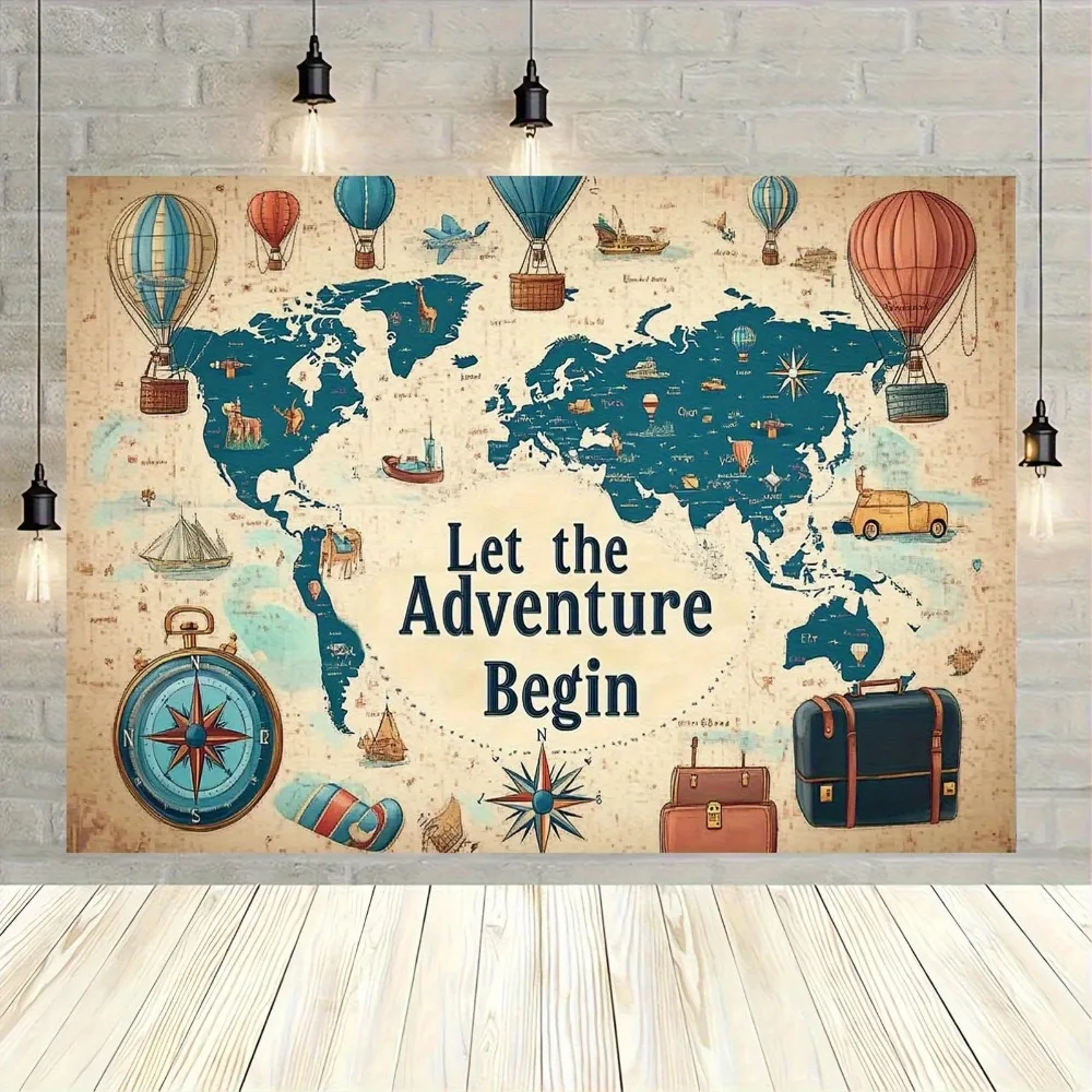 World Map Adventure Compass Airplane Travel Theme Banner Background, Christmas Party, Home Decoration Photography Backdrop Cloth