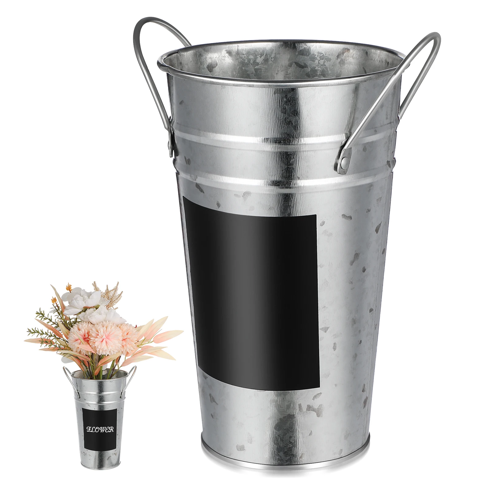 

1pc Waterproof Blackboard Sticker Flower Bucket Iron Sheet Planter Decor Home Office Silver Tub Container Display