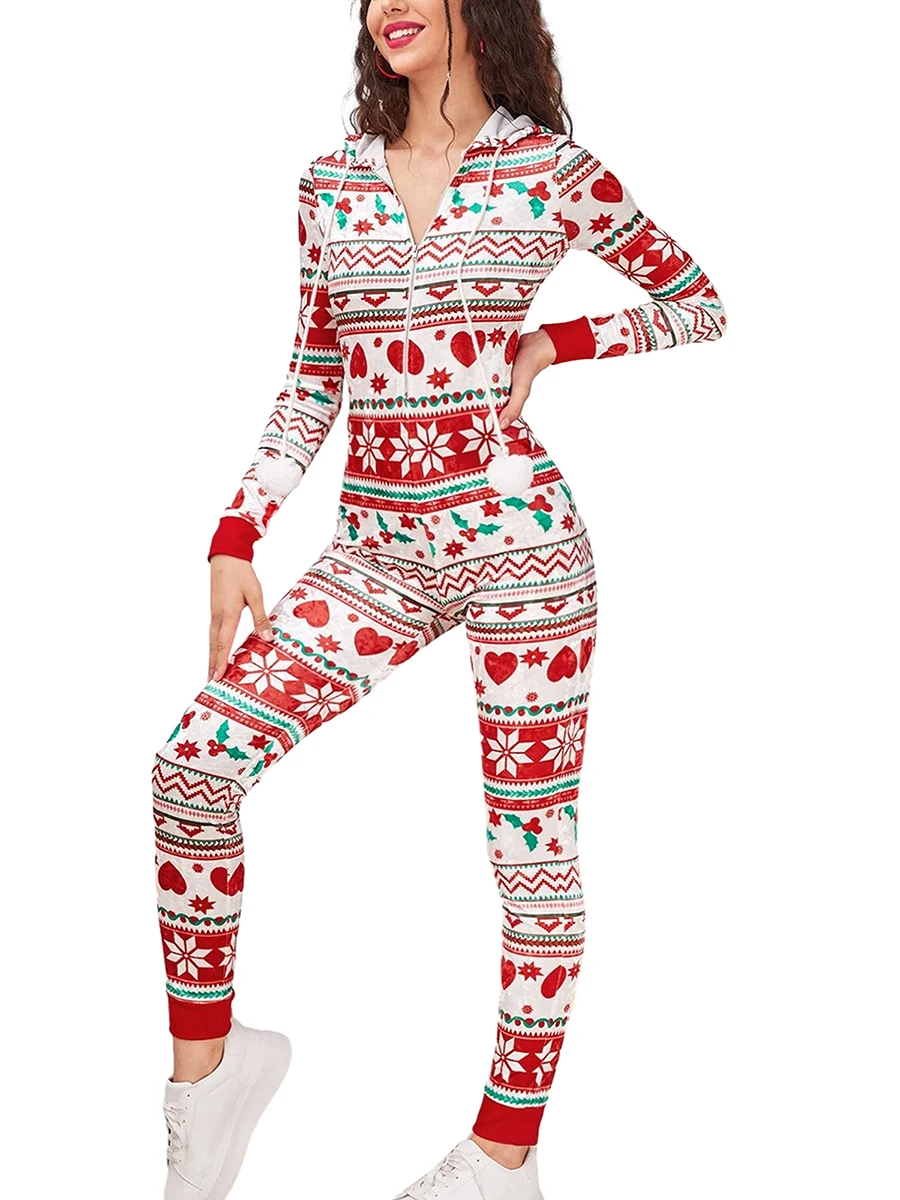 Pyjama imprimé de dessin animé de Noël pour femmes, vêtements de nuit à col en V, combinaison à manches longues, vêtements d'intérieur dans l'ensemble