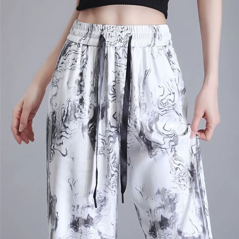 

Women's Summer Vintage Fashion Ink Painting Print Streetwear Chic Wide Leg Pants Y2K Female High Waist Pockets Straight Trousers