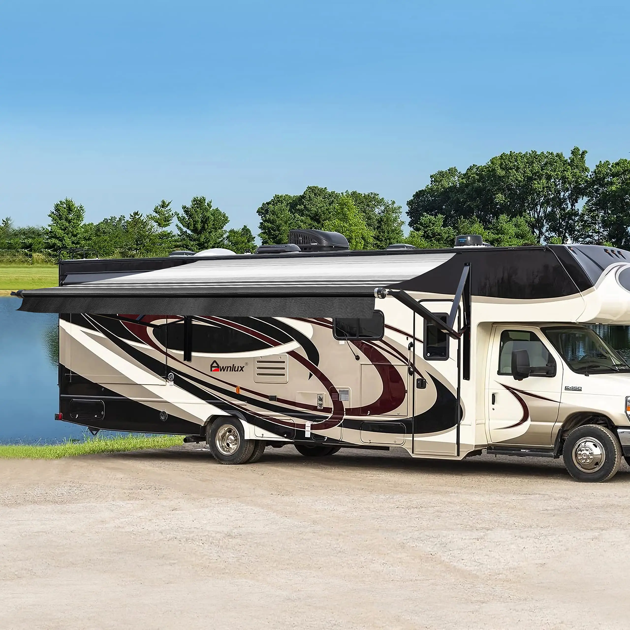 Black Motorized Modular Retractable RV Awning Full Set Assemblies for RV, 5th Wheel, Travel Trailers, Toy Haulers, and