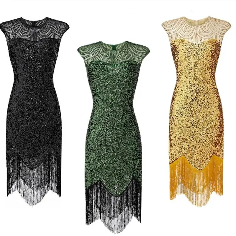 Vibrant Bead Tassel Evening Gown Retro 1920s Style Maxi Dress Stage Performance Pure Color Ball Dress plus Size Women's Fashion