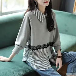 Women Spring and Autumn Korean Style New Polo Neck Sweatshirt Striped Lace Splicing Lax Cozy Supple Versatile Long Sleeves Tops