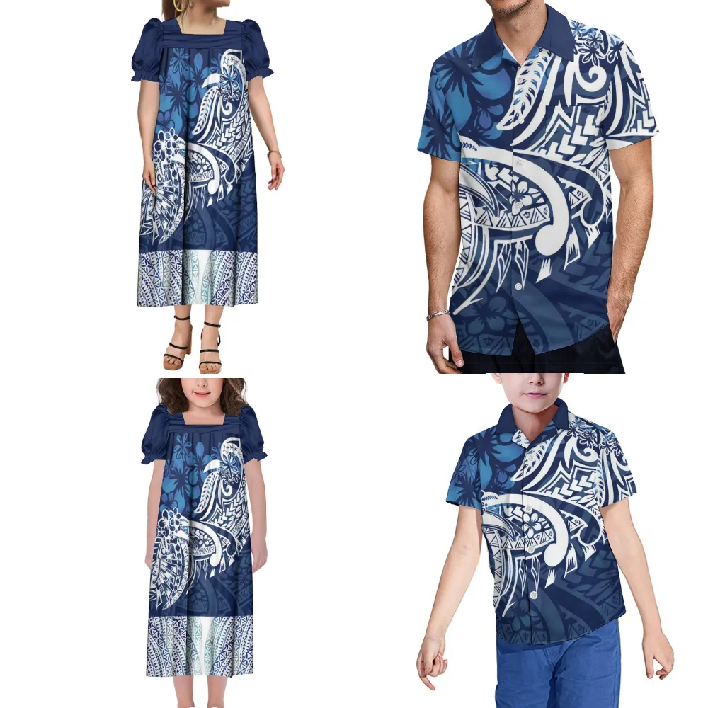 Polynesian Tribe Floral Custom Fiji Micronesian Samoan Family Party Set Mother Daughter Mumu Dress Father Son Casual Shirt