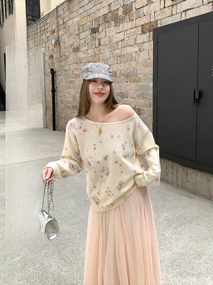 

Luu round Ne Knitted Long Sve Loose Fit Floral Print Women's Sweater Spring Autumn Casual Comfortable Breathable Top