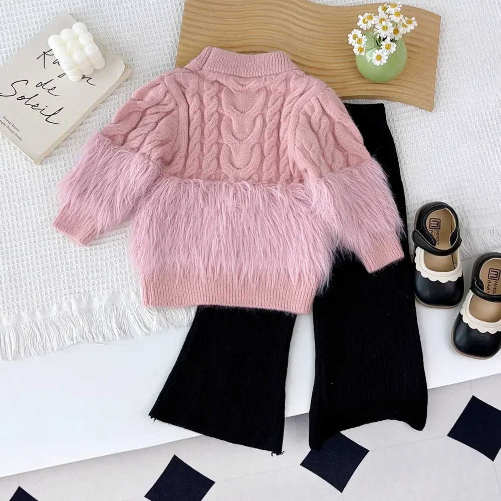 Korean Version New Knitted Sweater Sets Pink Cute Casual Girls Clothes Long Sleeved Tassel Pullover Top+Black Pants 2-piece Set