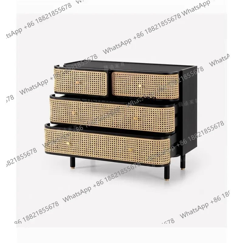 

M182 Dining Cabinet Nordic Solid Wood Vintage Four-Bucket Cabinet Locker Drawer Rattan Black Storage Cabinet
