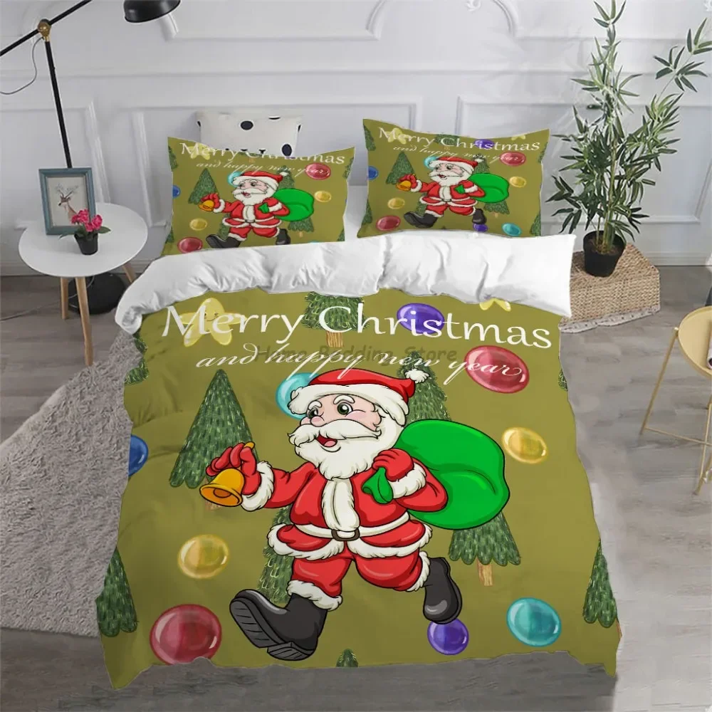 Happy New Year Duvet Cover Set, Soft and Breathable Home Decoration Cartoon Santa Claus Reindeer Merry Christmas Bedding Set